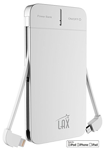 [Apple MFI Certified] LAX 4000 mAh Slim and Compact External Battery Charger, Portable Power Bank and Travel Charger with Built-in Lightning & Micro USB Cables (Silver)