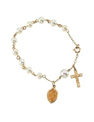 Clevereves 14K Yellow Gold Rosary Bracelet Miraculous Medal With Pearls Rosary Bracelet