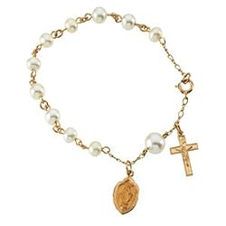 14K Yellow Gold Miraculous Medal With Pearls Rosary Bracelet