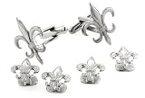 Silver plated fleur de lis cufflinks and shirt stud formal set with presentation box. Made in the U.S.A