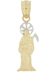 14k Yellow Gold White Rhodium, Mini Size Death Grim Reaper Hades Satan Devil Pendant Charm with Sparkly Cuts