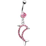 Pink Gem Paved Hollow Dolphin Belly Ring