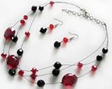 Red & Black Crystal Bead Illusion Wire Necklace & Earring Set - Prom or Bridesmaid Jewelry