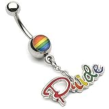 Gay Pride Epoxy Belly Ring with Dangle - 14G - 3/8 Bar Length - Sold Individually