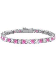 Created Pink Sapphire and Cubic Zirconia Prong Set 10K White Gold Tennis Bracelet 10.00 CT TGW