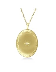 Yellow Gold Vermeil Oval-Shaped Vintage Engraved 0.01ct Diamond Locket Pendant Necklace For Women