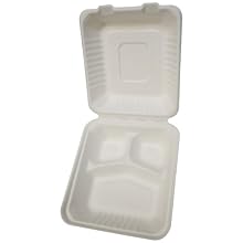 PrimeWare DHL-83 White Molded Fiber Hinged Lid Container, 7-7/8" Length x 8" Width x 3-1/5" Height, Deep, Medium, 3-Section (Case of 200)