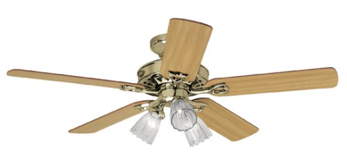 Five-Blade Ceiling Fan, Bright Brass with Clear Globes