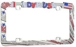 Valor Auto Companion LPF2MC004RAW I Love USA Design Metal License Plate Frame with Contours of Red/White Crystals