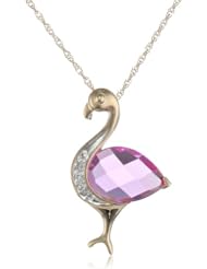 XPY 14k Yellow Gold Created Pink Sapphire with Diamond-Accent Flamingo Pendant