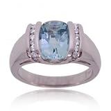 14 K White Gold Bold Ring w Aquamarine and Diamonds