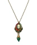 Michal Negrin Beautiful Lady Cameo Pendant Ornate with Green, Fuchsia and Orange Swarovski Crystals and Bead Charm; Victorian Style