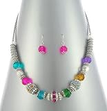 True Beautiful Colorful Crystal and Filigree Beaded Chunky Necklace and Earrings Set Comes Gift Boxed Silver Tone