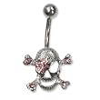 Stainless Steel Belly Ring with Pink Australian Crystals - Skull with crossbones and flower 14g/5mm ball
