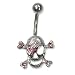 Stainless Steel Belly Ring with Pink Australian Crystals - Skull with crossbones and flower 14g/5mm ball