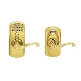 Schlage FE595PLY505FLA Lifetime Polished Brass Electronic Security Plymouth Keypad Entry with Flex-Lock Door Lever Set with Flair Interior Lever