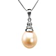 Crystal Top 8-9mm AAAA Drop Pearl Platinum Overlay CAREFREE Sterling Silver Pendant Chain Necklace, Peach