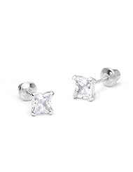 14k Gold Plated 925 Silver 4mm Princess Cut Stud Children Screwback Earring Baby, Toddler, Kids & Children
