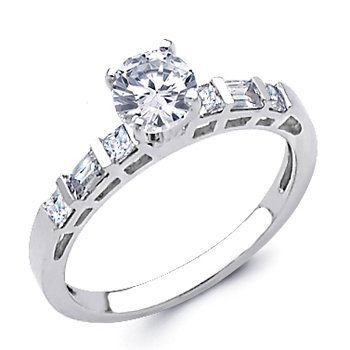 14K White Gold Round-cut with Side Stone CZ Cubic Zirconia Ladies Wedding Engagement Ring Band