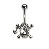Stainless Steel Belly Ring with Clear Australian Crystals - skull and crossbones 14g/5mm ball