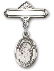 Sterling Silver Baby Badge with St. Brendan the Navigator Charm and Polished Badge Pin