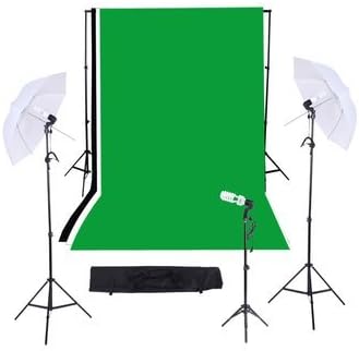 Caltar Photography Photo Video Studio Continuous Lighting Kit, 10ft Background Support, with Green - Black and White 10' X 12' Muslin Backdrops With Two 33" White Umbrella.