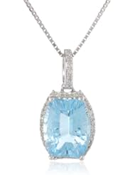 Sterling Silver Concave Cut Sky Blue Topaz and Diamond Pendant Necklace, 18"