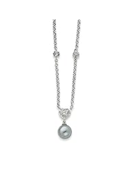 Sterling Silver 16in CZ Heart and Grey Pearl Necklace. Metal Wt- 5.05g
