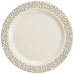 Elite Settings 10 Count Lace Collection Salad Plastic Plates, 7.5-Inch, Ivory/Gold