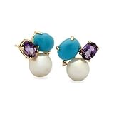 1.50ct. T.W. Amethysts, 8.5-9mm Cultured Pearls And Synthetic Turquoise Earrings In 14kt Yellow Gold