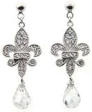 Sterling Silver CZ Fleur De Lis Hanging Earrings