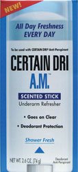 Certain Dri A.M. Underarm Refresher, Scented Stick, Shower Fresh, 2.6 oz.