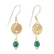 Brushed Satin Gold Vermeil Disc Dangle Earrings with Emerald Gemstone Beads on Gold Filled French Wires, #8155