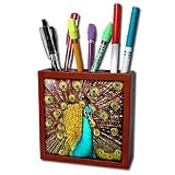 Birds - Colorful Peacock - Tile Pen Holders-5 inch tile pen holder