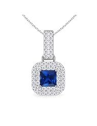 1.25 cttw Square Sapphire Pendant with Double Diamond Border in Platinum Quality Heirloom