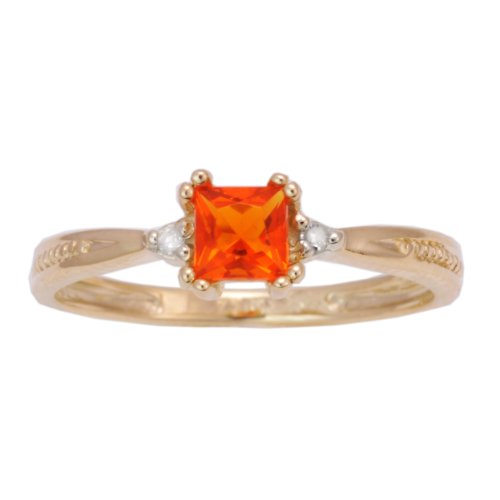 10K Yellow Gold Fire Opal Princess-Cut Exotic Gemstone and Diamond Solitaire Ring, Size 6