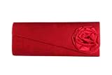 Red slim long satin clutch bag handbag with satin corsage flower by Olga Berg