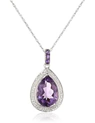 Sterling Silver Pear Amethyst Diamond Pendant Necklace (0.06cttw, I-J Color, I2-I3 Clarity), 18"