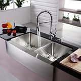 Kraus Stainless Steel 36 inch Farmhouse 70/30 Double Bowl Kitchen Sink and Chrome Kitchen Faucet with Soap Dispenser KHF203-36-KPF1612-KSD30CH