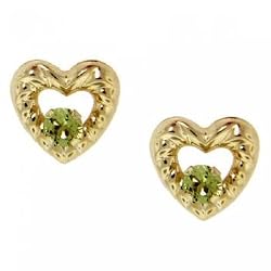 Green Peridot Stud Heart Earrings Crafted in Solid 14K Yellow Gold