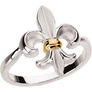 Two Tone Sterling Silver and 14 Karat Yellow Gold Fleur-de-Lis Ring