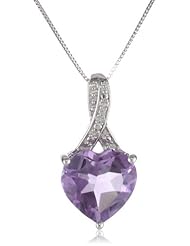 10k White Gold Amethyst and Diamond Heart Pendant Necklace , 18"