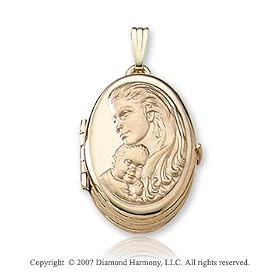 Carved Parent and Child 4 Fold 14k Yellow Gold Oval Locket