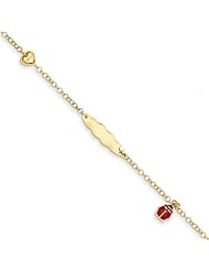 14k Yellow Gold 6in Enameled Ladybug & Heart ID Bracelet. Metal Wt- 1.66g