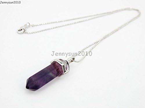 Natural "Purple Fluorite" Gemstones Hexagonal Pointed Reiki Chakra Pendant 18K Silver Necklace