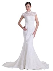 Cap Sleeves Mermaid Beaded Lace High-Neck Spring Summer Fall Wedding Dress  with a Brush/Sweep Train 