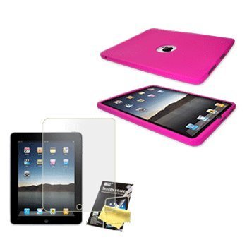 Hot Pink Silicone Case / Skin / Cover & LCD Screen Guard / Protector for Apple iPad