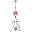 Passion Pink Jeweled Initial Dangle Belly Ring - Letter M