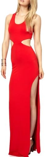 Women sexy long party dress with cut out in waist and split in thigh Red Size 2XL