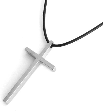 Simple Thin Stainless Steel Cross Pendant on Black Leather Necklace Cord (18 Inches)